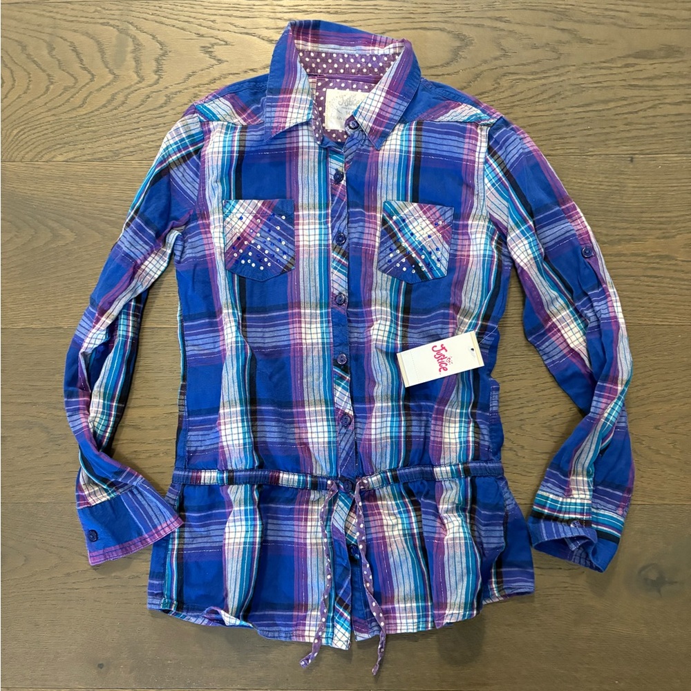 Justice girls purple plaid dress shirt sz 14 NWT ret $44